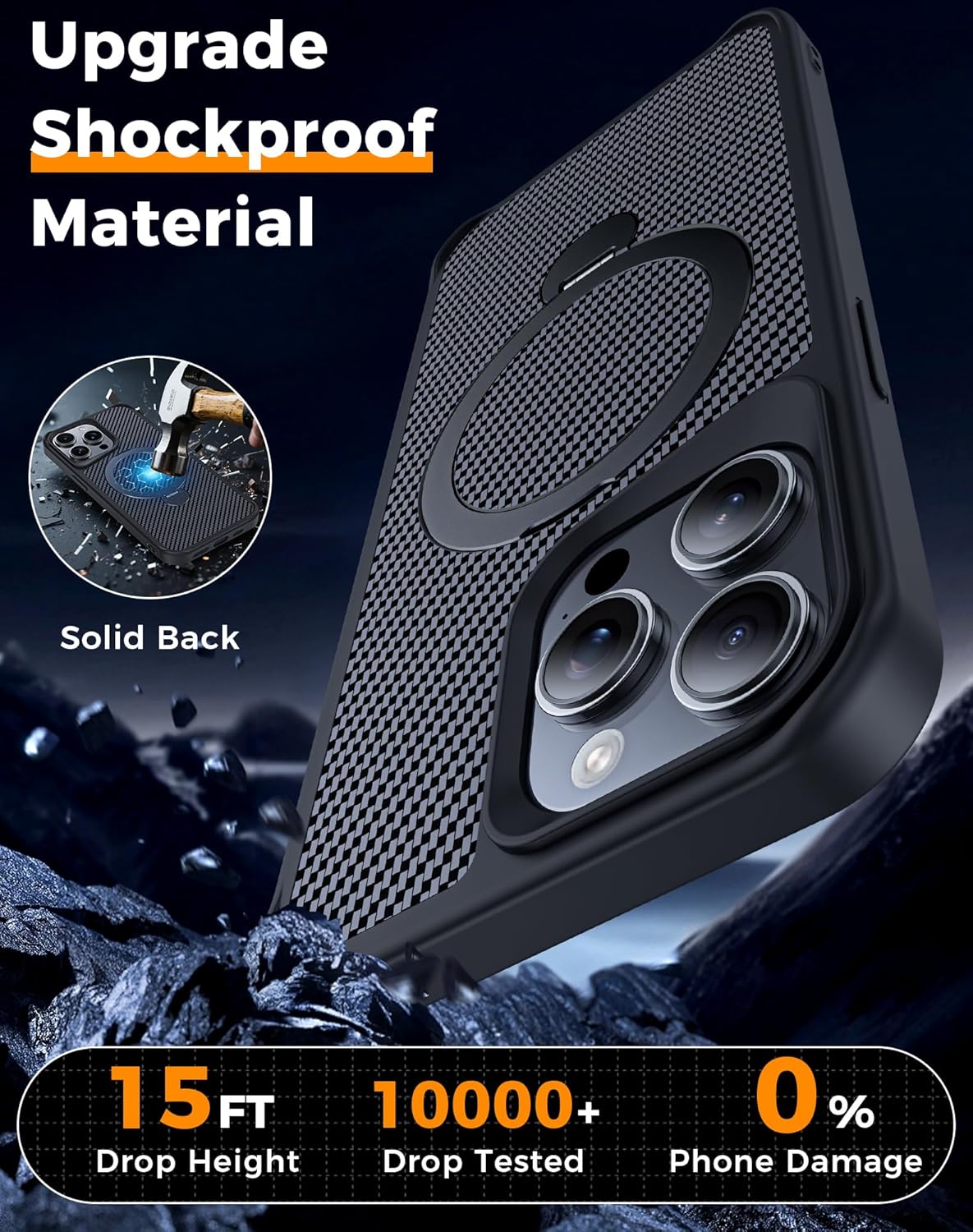 FlyReal Designed for iPhone 15 Pro Max Case with 360° Magnetic Stand, Carbon Fiber Phone Case [Compatible with Magsafe] [16FT Military Protection] with Stand Ring 6.7'', Black